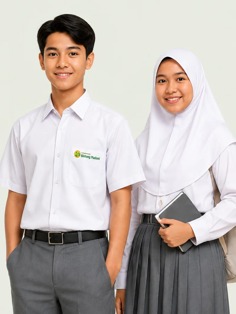 Ilustrasi sepasang murid SMA mengenakan seragam putih dan abu