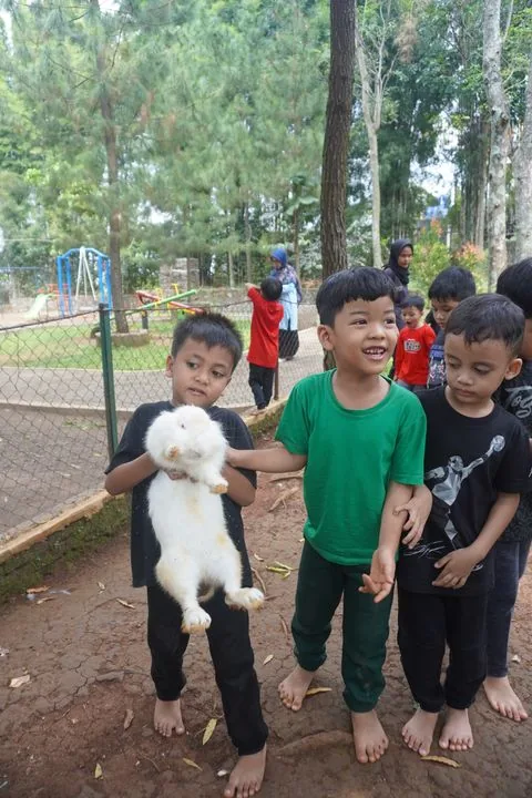 Tiga murid TK bergantian memegang kelinci saat mengenal hewan